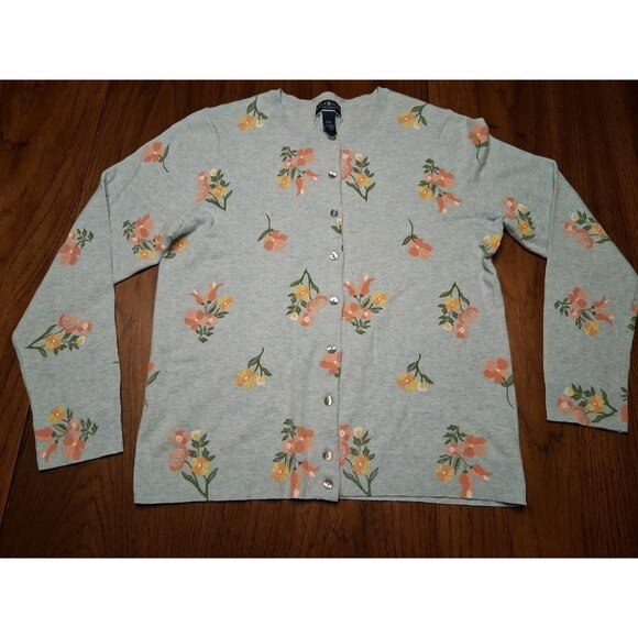 Karen Scott Cardigan Size Petite XL Blue w/Flowers Sweater Button Grannycore - Picture 3 of 10